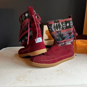 TOMS Burgundy Suede Boots with Tribal Knit